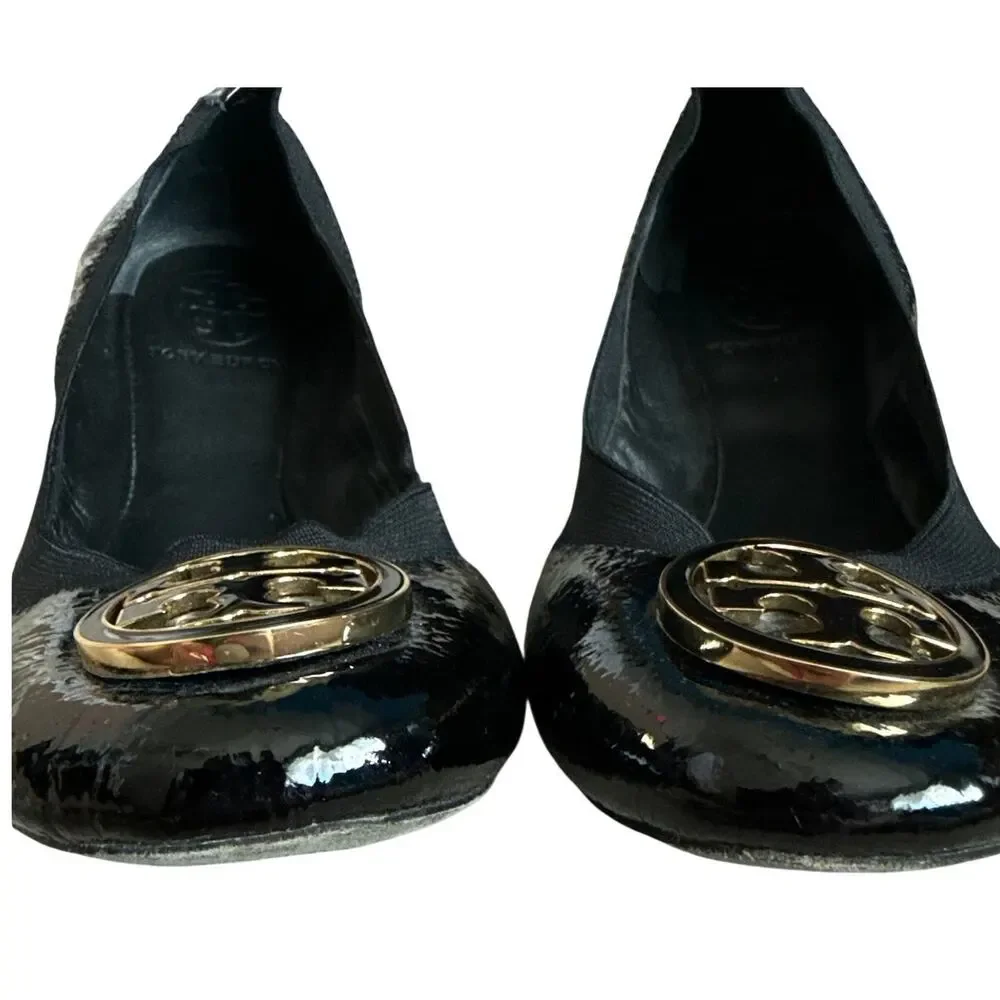 Tory Burch Caroline Ballet Flats Naplak Elastic Black Patent Leather Size 8